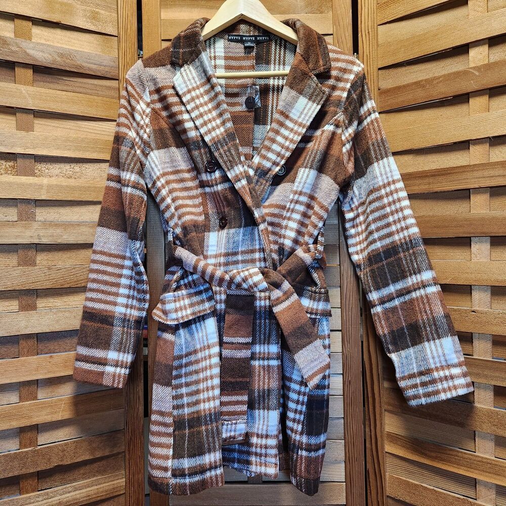 HYFVE Brown Tan White Plaid Peacoat Jacket Women's Size M Trench Coat